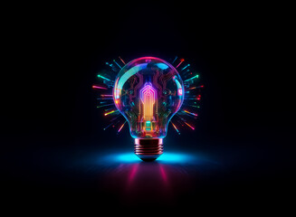 Poster - A vibrant lightbulb illuminates the dark, radiating colorful energy.  Bright hues burst outward, creating a dynamic and luminous display.  The bulb itself is a mesmerizing source of light.