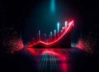 Aufkleber - Vibrant neon red and blue bar chart with an upward arrow stands out against a dark backdrop, symbolizing growth and progress.