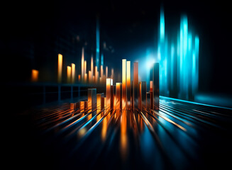 Fototapete - Abstract digital cityscape with glowing orange and blue bars on dark backdrop, reflecting light and creating futuristic atmosphere.