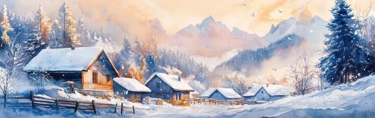 Poster - Cozy winter village nestled in snowy mountains at sunrise with watercolor style