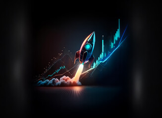 Poster - A vibrant neon rocket launches upwards, symbolizing financial growth against a dark backdrop with glowing stock market charts. The image evokes themes of success and progress.