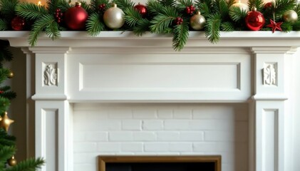 Wall Mural - decorated mantel with Christmas ornaments and greenery, garland, evergreen