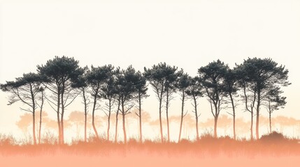 Fototapete - Soft silhouettes of tree line against muted coral backdrop during twilight hours