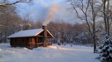 Poster - Snow-covered cabin in a winter landscape with smoke rising from the chimney at sunset