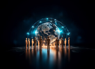 Poster - A group of silhouetted figures encircles a glowing globe adorned with network lines. The scene is bathed in light against a dark backdrop, symbolizing global connection and futuristic technology.