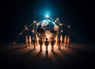 Poster - A group of figures stand around a glowing globe, interconnected by bright lines against a dark backdrop.  It evokes themes of global network, communication, and digital connectivity in a futuristic se
