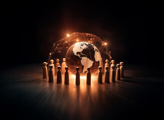 Aufkleber - Wooden figures encircle a glowing globe in the dark.  A luminous network surrounds the world, connecting points in a vibrant, abstract display. Spotlight effect.