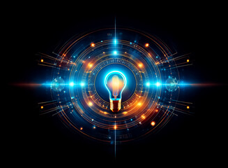 Fototapete - Glowing light bulb at the center of concentric circles and radiating lines against a dark backdrop. Abstract digital art with vibrant illumination and a sense of technology and innovation.