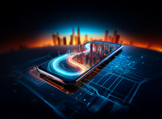 Poster - Futuristic smartphone with glowing city skyline and light trails, on circuit board pattern, blurred cityscape in background.
