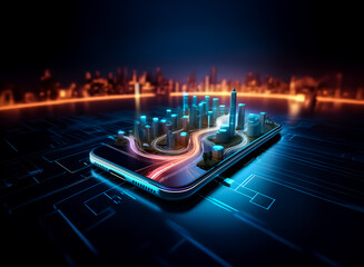 Aufkleber - Futuristic city on a phone screen, illuminated by neon lights. Circuit board patterns and blurred city lights in the background create a digital urban scene.
