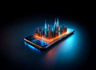 Aufkleber - Futuristic city skyline emerges from a glowing smartphone screen. Neon outlines illuminate the urban landscape and mobile device against a dark backdrop.