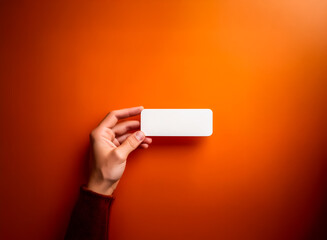 Aufkleber - A hand presents a clean white rectangular card against a vivid orange backdrop. The simple composition focuses attention on the card and the contrasting, bright color.