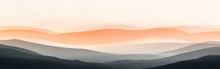Poster - Gradient sunset transitions from amber to soft hues over serene mountain landscape at twilight