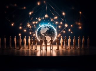 Fototapete - Figurines encircling a bright globe, illuminated connections radiate outwards in a dark setting, representing global network, technology, and interconnectedness.