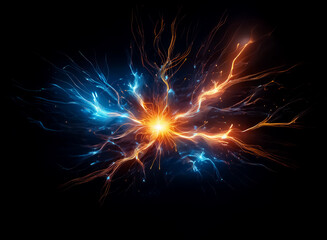 Poster - Central vibrant light explodes with dynamic blue and orange trails against a stark black background. Energy radiates outwards in an abstract display.