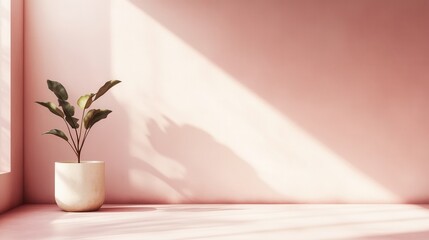 Aufkleber - Stylish interior corner featuring a potted plant against a muted pink background with soft natural light
