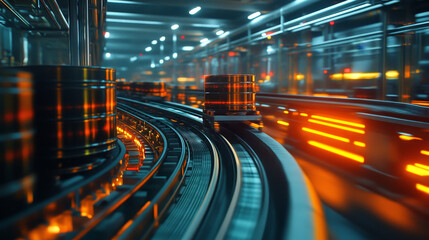 Wall Mural - Oil barrels moving on conveyor belts in factory setting