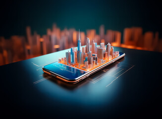 Aufkleber - Futuristic city model displayed on a smartphone screen, glowing with vibrant orange and blue lights. A blurred cityscape is visible in the background.