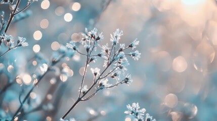 Fototapete - Delicate ice crystals glisten on frozen branches in a serene winter landscape with a soft blue gradient