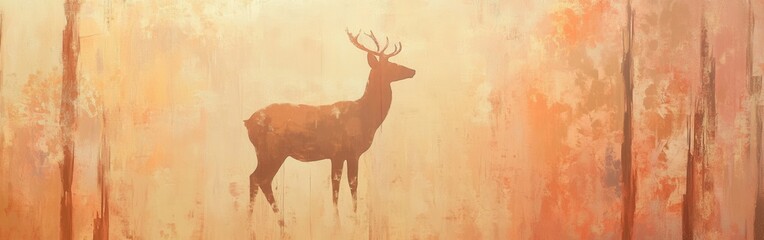 Poster - Abstract silhouette of a deer standing amid autumn colors in a tranquil forest setting during sunset