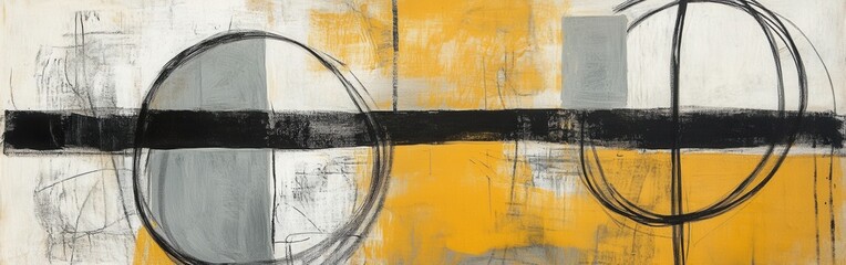 Aufkleber - Abstract artwork featuring muted ochre and gray pencil strokes highlighting geometric forms in a balanced composition