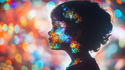 Leinwandbilder - Vibrant silhouette of a child illuminated by colorful light patterns reflecting creativity and joy