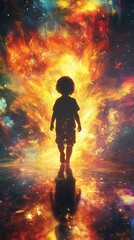 Poster - Child illuminated by vibrant colors against a cosmic backdrop during a serene twilight setting