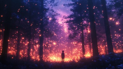 Poster - Child standing in a glowing forest filled with vibrant lights during twilight