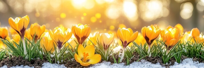 Canvas Print - Yellow Crocuses in Spring Sunshine, Snow Melting, Close Up of Flowers with Bokeh Background.