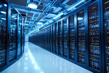 Wall Mural - modern data center with illuminated server racks and glowing blue lights.