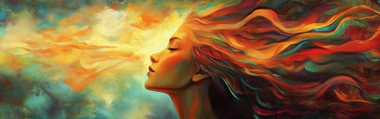 Poster - Surreal representation of a glowing woman with flowing hair in a vibrant, dreamlike background