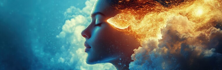 Wall Mural - surreal glowing woman surrounded by ethereal clouds in a dreamlike environment