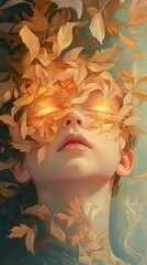 Poster - Surreal portrait of a glowing child's face surrounded by autumn leaves in a dreamlike setting