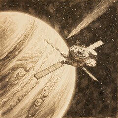 Wall Mural - space probe explores the vast atmosphere of jupiter with comet trails in the background