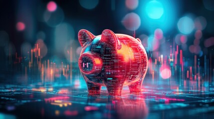 Poster - Sleek digital piggy bank design showcasing layered financial technology and vibrant data visualization elements