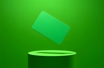 A green blank card above the stand with a place for the text. Stylish card layout for payment, bonuses and discounts in the store