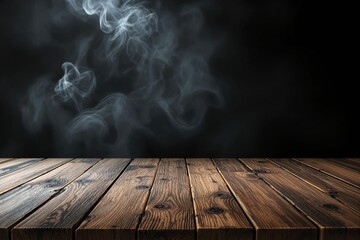 Wall Mural - Wooden table closeup with smoke effect on dark background, perfect for copyspace and design concepts.