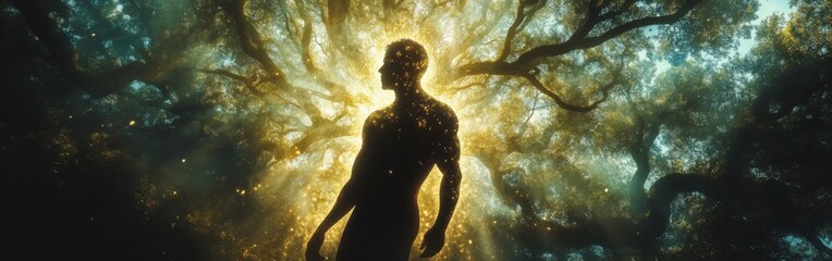 Poster - Mystical silhouette of a man surrounded by glowing light in an enchanted forest at twilight