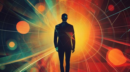 Poster - Mystical silhouette of a man against an abstract colorful background with glowing orbs