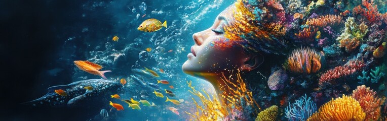 Aufkleber - Mystical woman with glowing hair surrounded by colorful marine life underwater in an enchanting setting