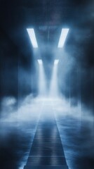 Poster - Moody corridor illuminated with navy and silver tones creates an ethereal atmosphere with soft light and fog