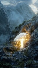 Poster - Mystical glowing glass dome emerging from rocky terrain in an enchanted landscape at dusk
