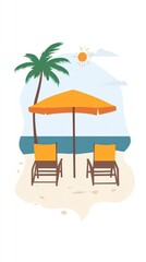 Wall Mural - Beach chairs under umbrella, sunny tropical beach scene, vacation relaxation