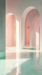 Aufkleber - Soft pastel architecture with serene water reflections in a tranquil indoor space