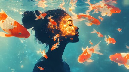 Aufkleber - Conceptual visualization of a woman submerged in water surrounded by vibrant goldfish during a serene underwater moment