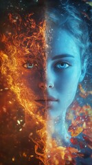 Poster - Visualization of a glowing woman representing the duality of fire and ice in a mystical setting