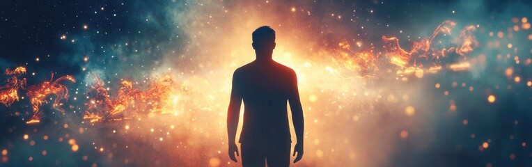 Poster - Man glowing amidst cosmic elements in a surreal atmosphere, conveying a sense of wonder and transformation
