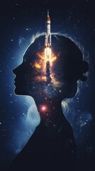 Poster - Conceptual silhouette of a woman with a rocket launching from her mind against a cosmic backdrop
