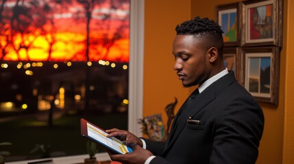 a businessman in an office at night using a digital tablet to manage deadlines. cropped shot showing