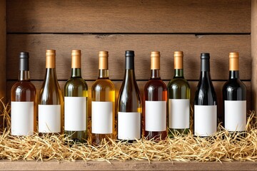 Wall Mural - Assorted wine bottles with blank labels on wooden background.